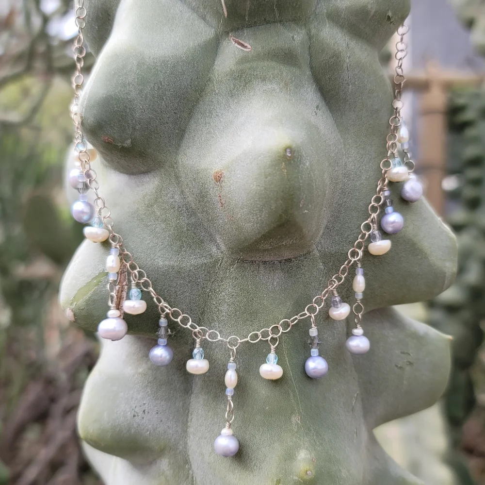 USA Handmade Necklace hand-wire-wrapped Freshwater pearl sterling silver & glass - Picture 2 of 7